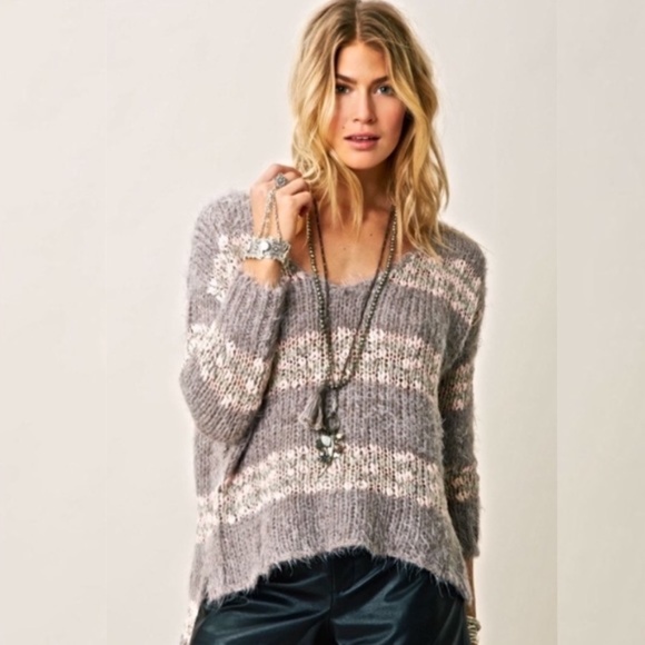 Free People Sweaters - Free People Linus Pink and Grey Fuzzy Sweater M